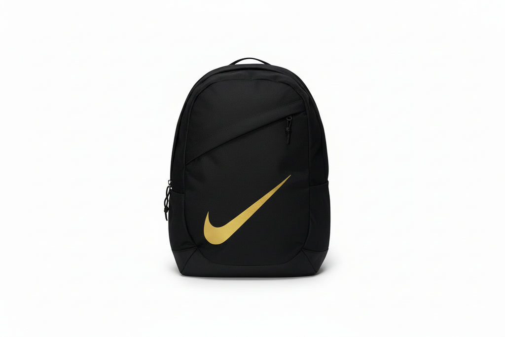 Black backpack with yellow Nike logo on a white surface, 