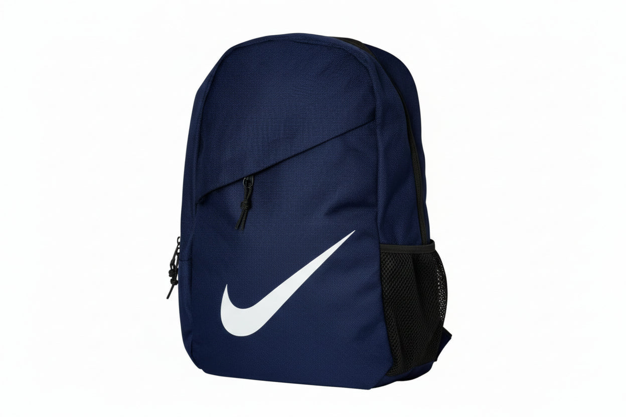 Navy blue backpack with a white logo on a white surface